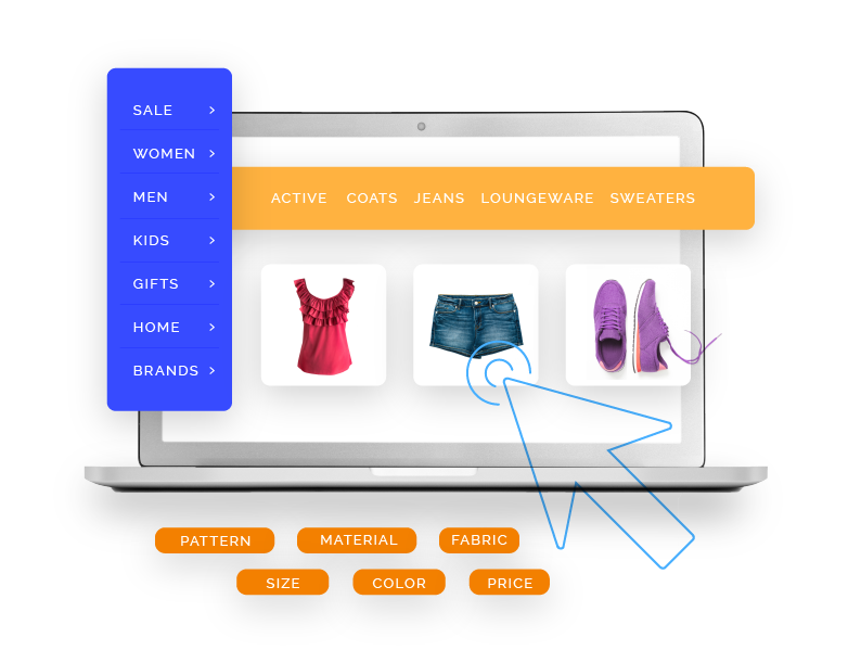 Image of laptop displaying a shirt, shorts, and shoes with am mouse cursor hovering over jeans and attributes displayed to the left, top, and bottom